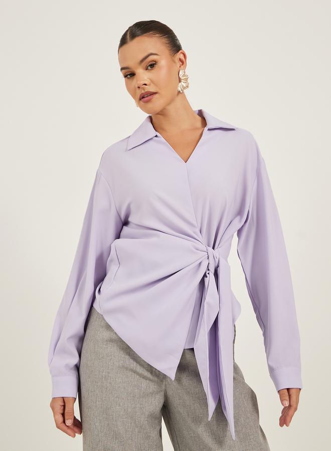 Take Two Solid Collared Wrap Look Top - Image 1