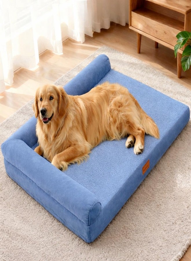 Fristone Dog Bed with Memory Foam, 36x27x3 cm, for Large Breed, Non Skid Bottom, Removable Cover, Lightweight, Sky Blue, Square, Plaid