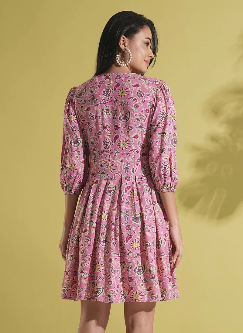 globus Globus Women Floral Printed V-Neck Puff Sleeves Lace Detail Empire Dress
