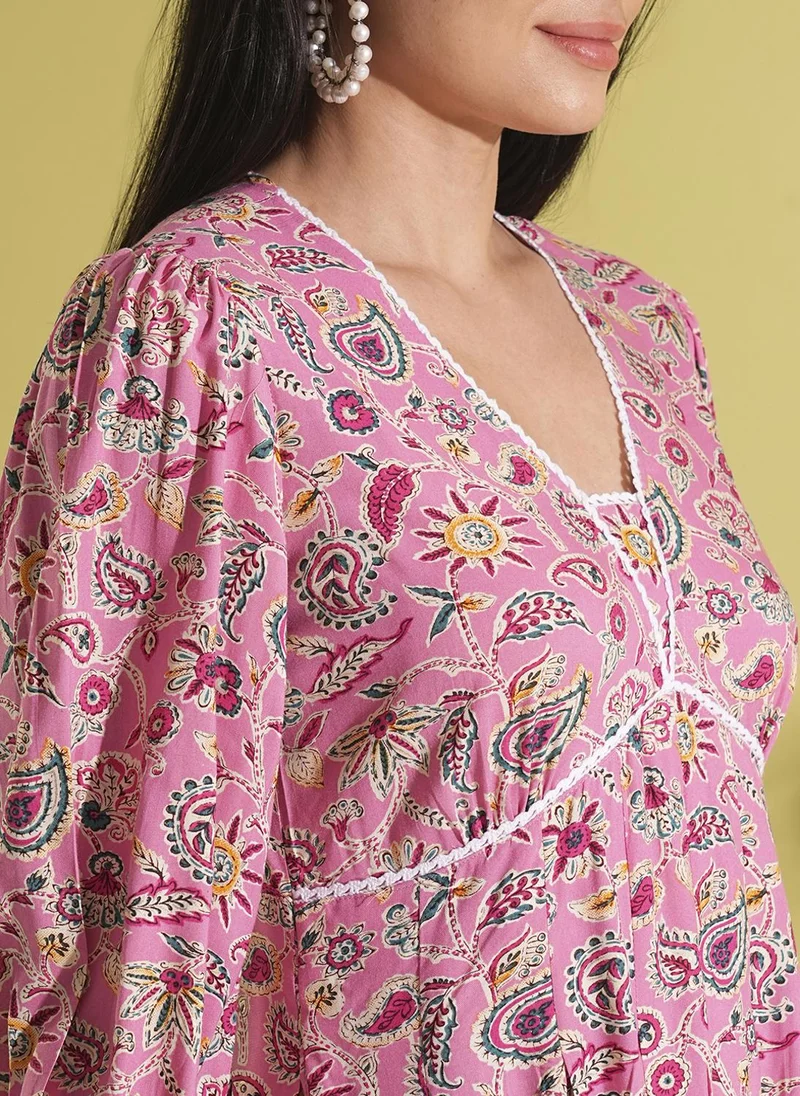 globus Globus Women Floral Printed V-Neck Puff Sleeves Lace Detail Empire Dress