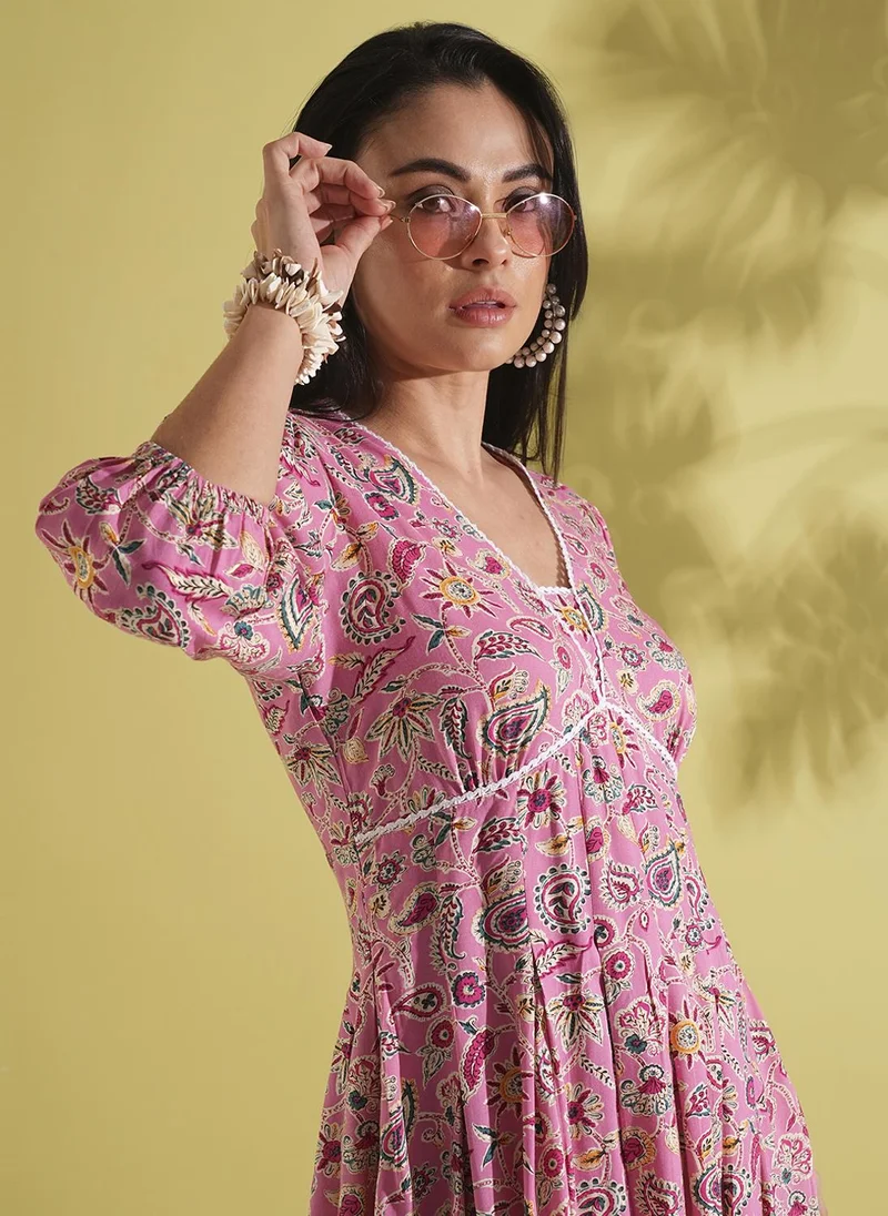 globus Globus Women Floral Printed V-Neck Puff Sleeves Lace Detail Empire Dress