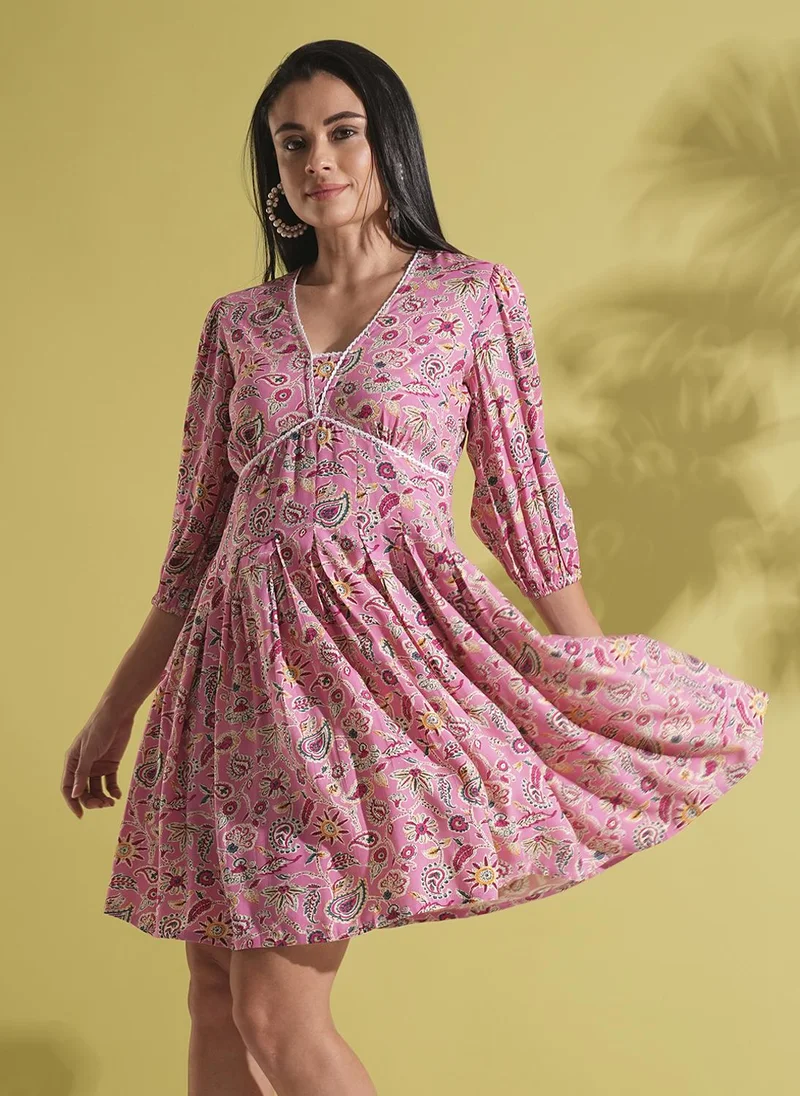 globus Globus Women Floral Printed V-Neck Puff Sleeves Lace Detail Empire Dress