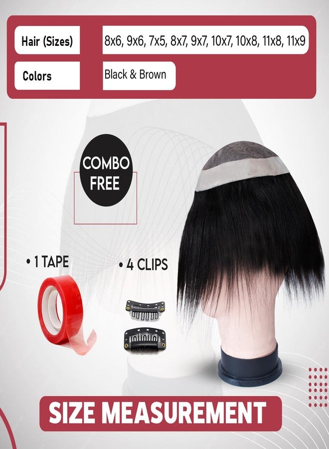 فولي رقعة شعر أحادية الخيوط بالكامل | شعر مستعار من شعر بشري | شعر مستعار من شعر بشري حقيقي للرجال والفتيان، شعر مستعار بقاعدة أحادية مع مشابك تثبيت الشعر المستعار وشريط لاصق للشعر المستعار (بني داكن، 10x7) - Image 4