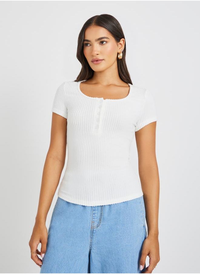 Styli Styli Textured Short Sleeve Ribbed Knit T-Shirt  - Image 2
