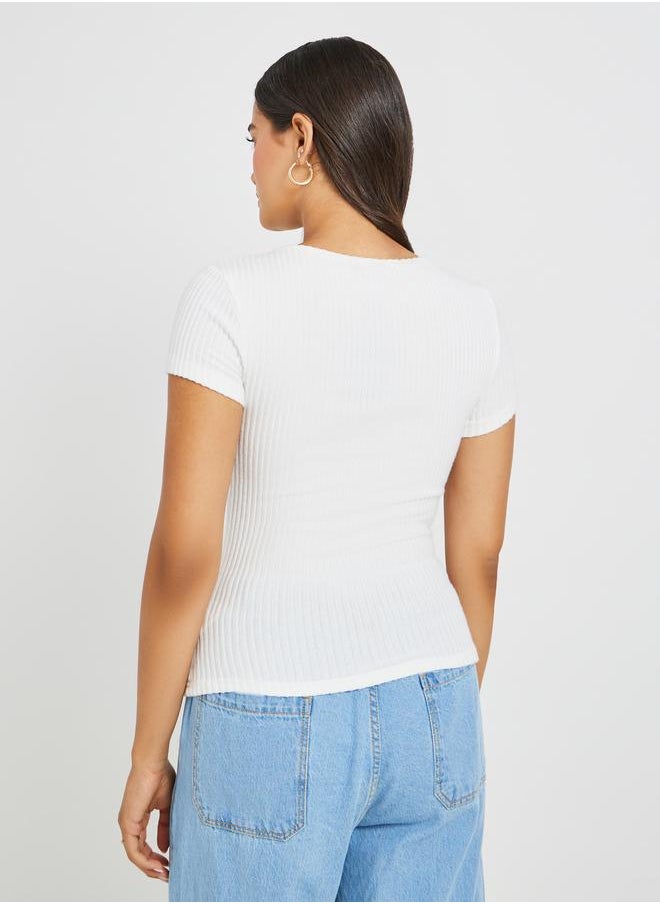 Styli Styli Textured Short Sleeve Ribbed Knit T-Shirt  - Image 5