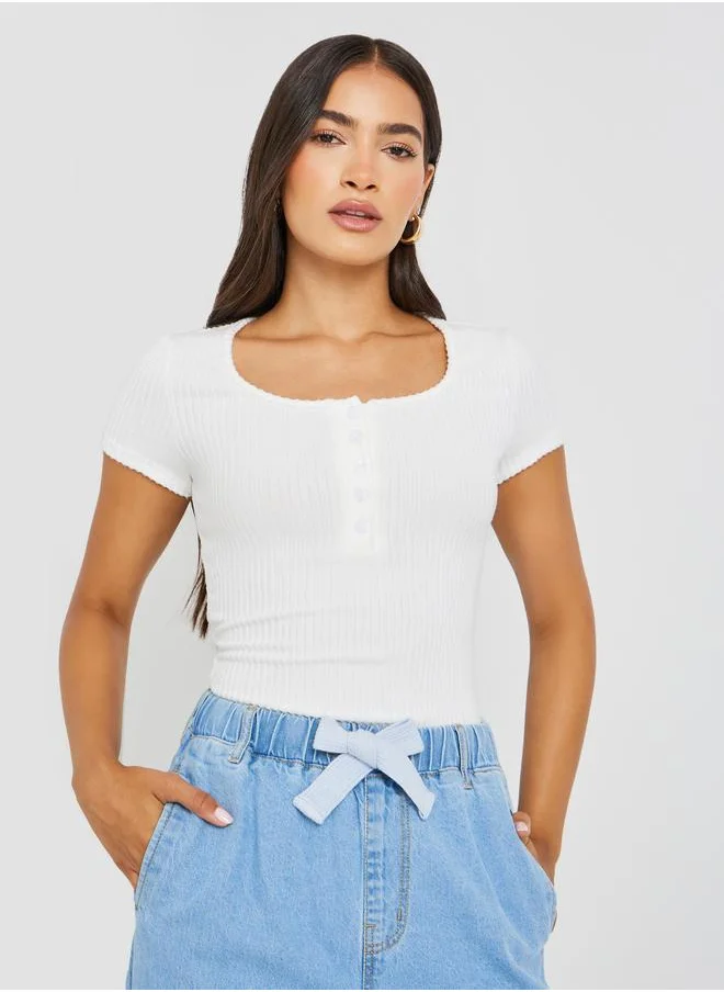 ستايلي Styli Textured Short Sleeve Ribbed Knit T-Shirt