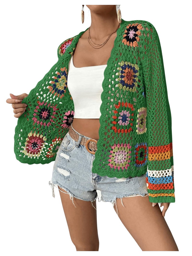SHENHE Women's Floral Crochet Cardigan Hollow Out Open Front Long Sleeve Cardigan Sweater Green L - Image 4