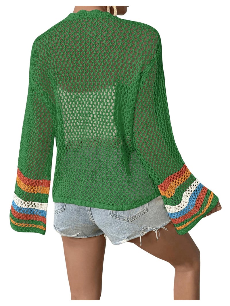 SHENHE Women's Floral Crochet Cardigan Hollow Out Open Front Long Sleeve Cardigan Sweater Green L - Image 2