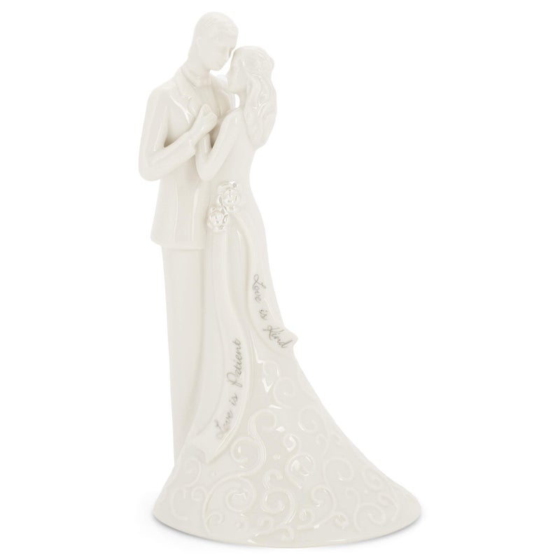 Roman 8.5" Wedding Cake Topper â€“ Elegant Bride and Groom Figurine with â€œLove Is Patientâ€ Inscription, Porcelain Finish, Wedding or Anniversary Keepsake - Image 1