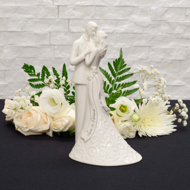 Roman 8.5" Wedding Cake Topper â€“ Elegant Bride and Groom Figurine with â€œLove Is Patientâ€ Inscription, Porcelain Finish, Wedding or Anniversary Keepsake - Image 2