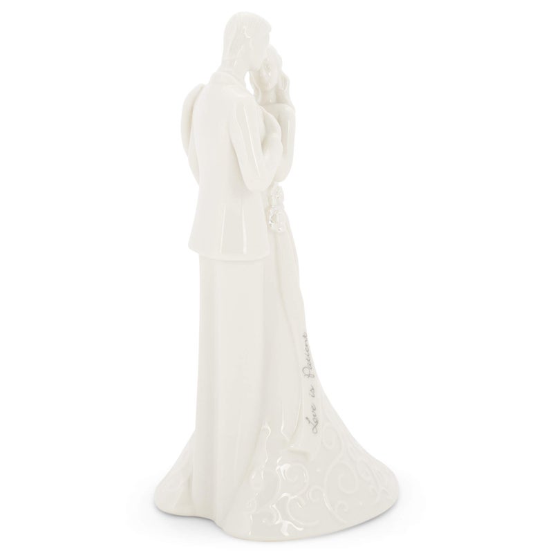 Roman 8.5" Wedding Cake Topper â€“ Elegant Bride and Groom Figurine with â€œLove Is Patientâ€ Inscription, Porcelain Finish, Wedding or Anniversary Keepsake - Image 3