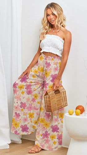 YOCUR Summer Beach Vacation Pants High Waisted Wide Leg Pants for Women Printed Loose Flowy Palazzo Lounge Trousers Flower Printing M - Image 5