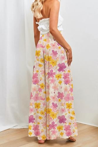 YOCUR Summer Beach Vacation Pants High Waisted Wide Leg Pants for Women Printed Loose Flowy Palazzo Lounge Trousers Flower Printing M - Image 2