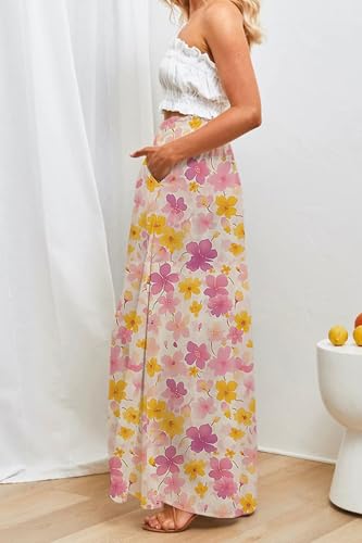 YOCUR Summer Beach Vacation Pants High Waisted Wide Leg Pants for Women Printed Loose Flowy Palazzo Lounge Trousers Flower Printing M - Image 4