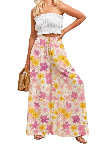 YOCUR Summer Beach Vacation Pants High Waisted Wide Leg Pants for Women Printed Loose Flowy Palazzo Lounge Trousers Flower Printing M - Image 1