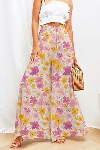 YOCUR Summer Beach Vacation Pants High Waisted Wide Leg Pants for Women Printed Loose Flowy Palazzo Lounge Trousers Flower Printing M - Image 3