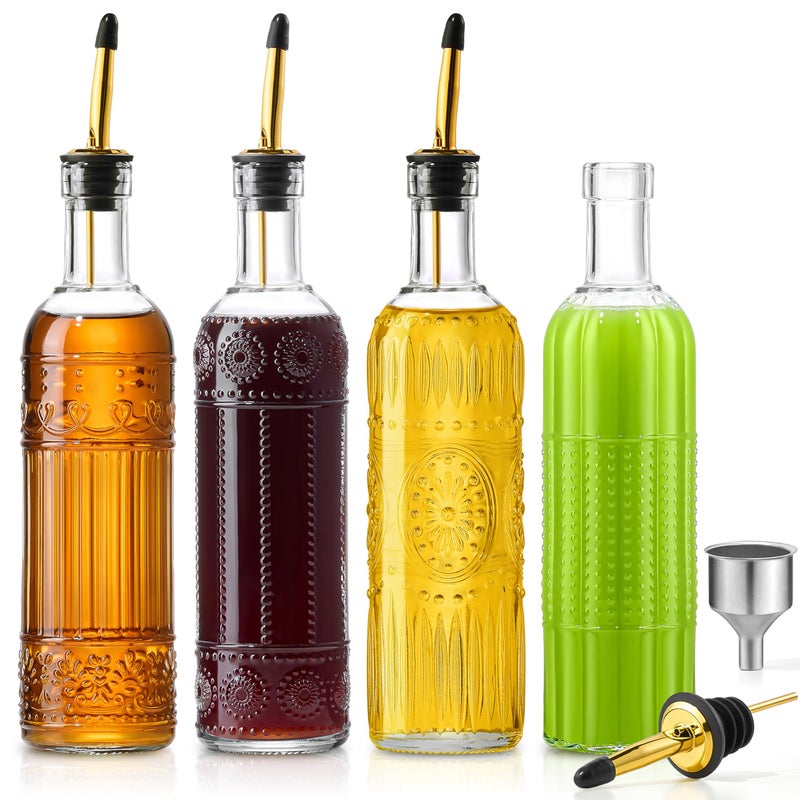 Ruiao 4 Pcs Olive Oil Dispenser Bottle for Kitchen,17oz Clear Glass Oil and Vinegar Dispenser Bottle Set, Classic Coffee Syrup Dispenser with 4 Stainless Steel Spouts and 1 Funnel (Square) - Image 1