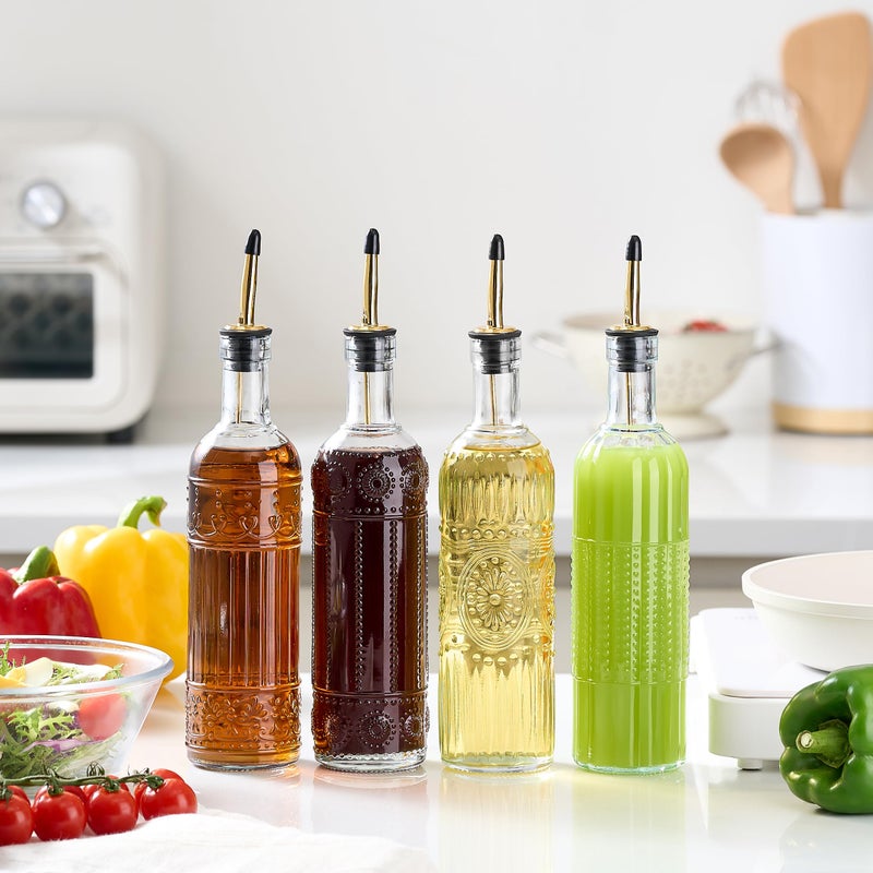 Ruiao 4 Pcs Olive Oil Dispenser Bottle for Kitchen,17oz Clear Glass Oil and Vinegar Dispenser Bottle Set, Classic Coffee Syrup Dispenser with 4 Stainless Steel Spouts and 1 Funnel (Square) - Image 2