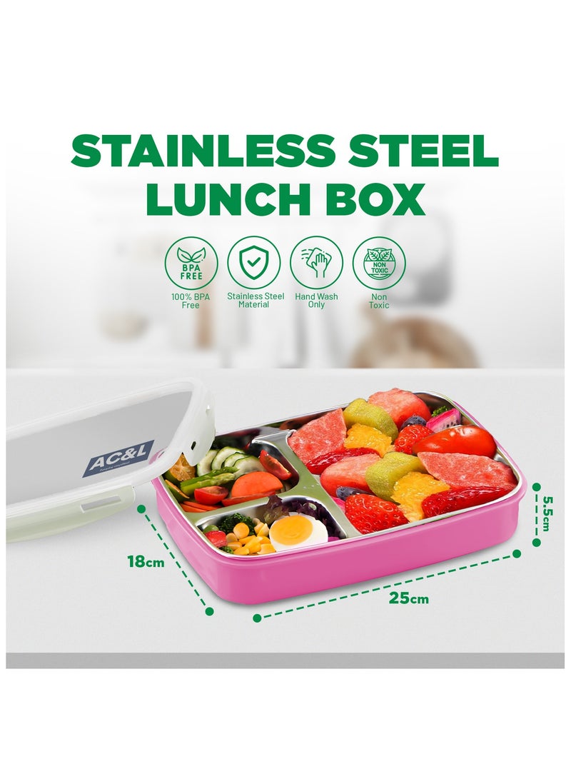 AC&L 1000ml Stainless Steel Lunch Box, Bento Box with 3 Compartment for Kids and Adults, Skid-proof Silicone with Tableware Set and Insulated Lunch Bag, Dishwasher & Microwave Safe (Pink) - Image 2