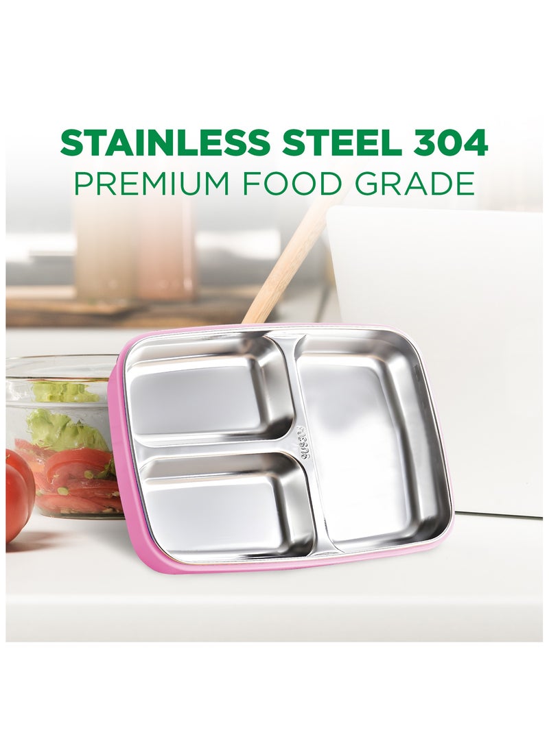 AC&L 1000ml Stainless Steel Lunch Box, Bento Box with 3 Compartment for Kids and Adults, Skid-proof Silicone with Tableware Set and Insulated Lunch Bag, Dishwasher & Microwave Safe (Pink) - Image 4