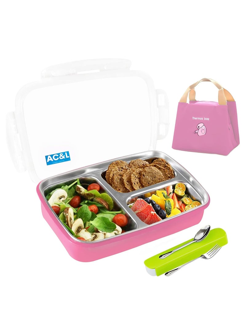 AC&L 1000ml Stainless Steel Lunch Box, Bento Box with 3 Compartment for Kids and Adults, Skid-proof Silicone with Tableware Set and Insulated Lunch Bag, Dishwasher & Microwave Safe (Pink) - Image 1