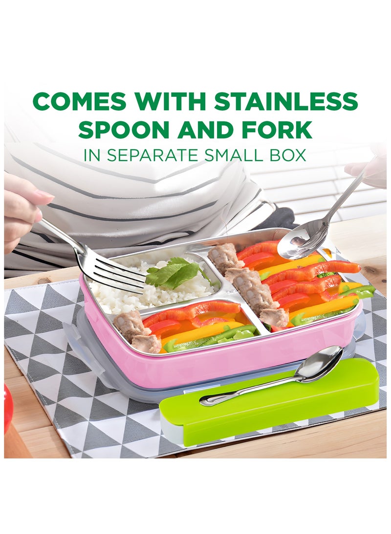 AC&L 1000ml Stainless Steel Lunch Box, Bento Box with 3 Compartment for Kids and Adults, Skid-proof Silicone with Tableware Set and Insulated Lunch Bag, Dishwasher & Microwave Safe (Pink) - Image 5