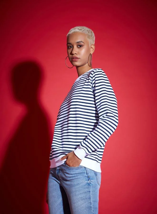 SASSAFRAS Regular Fit Striped Fleece Sweatshirt by Styli