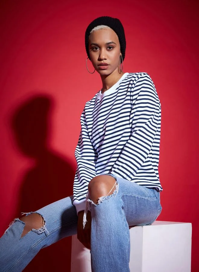 SASSAFRAS Regular Fit Striped Fleece Sweatshirt by Styli