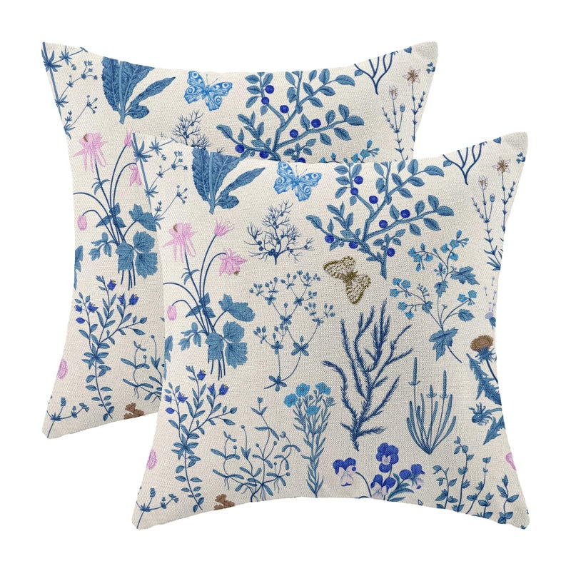 AEIOAE Summer Pillow Covers 16x16 Inch Set of 2Blue Wild Flower Plant Throw Pillows CaseSeasonal Floral Outdoor Decorative Square Linen Farmhouse Decor Cushion Covers for Home Sofa Bed Couch
