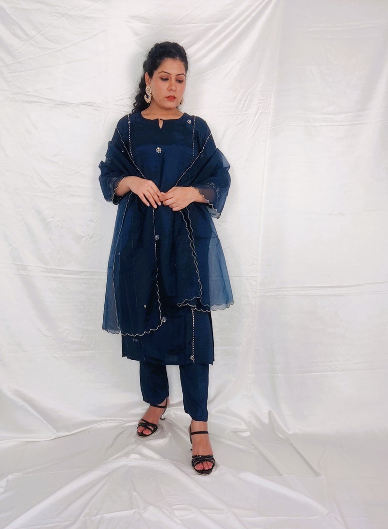 PRIYA’S PANACHE PRIYA'S PANACHE Bold Blue Silk Kurta Pant Set with Organza Dupatta.  - Image 1