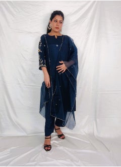 PRIYA’S PANACHE PRIYA'S PANACHE Bold Blue Silk Kurta Pant Set with Organza Dupatta.  - Image 2