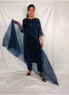 PRIYA’S PANACHE PRIYA'S PANACHE Bold Blue Silk Kurta Pant Set with Organza Dupatta.  - Image 3