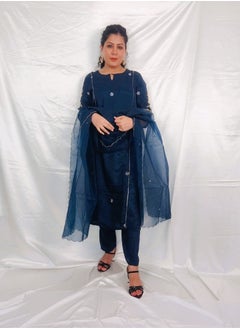 PRIYA’S PANACHE PRIYA'S PANACHE Bold Blue Silk Kurta Pant Set with Organza Dupatta.  - Image 4