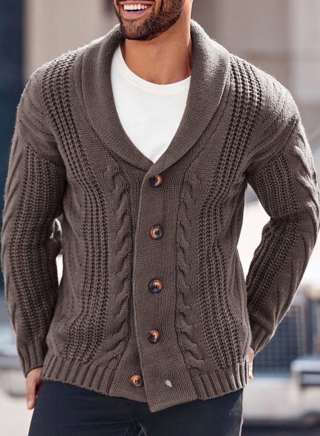 Karlywindow Mens Cable Knit Cardigan Sweater Shawl Collar Loose Fit Long Sleeve Casual Cardigans, Brown, XXL - Image 2