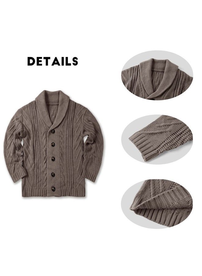 Karlywindow Mens Cable Knit Cardigan Sweater Shawl Collar Loose Fit Long Sleeve Casual Cardigans, Brown, XXL - Image 4