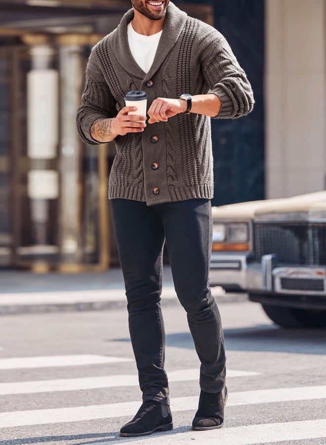 Karlywindow Mens Cable Knit Cardigan Sweater Shawl Collar Loose Fit Long Sleeve Casual Cardigans, Brown, XXL - Image 3