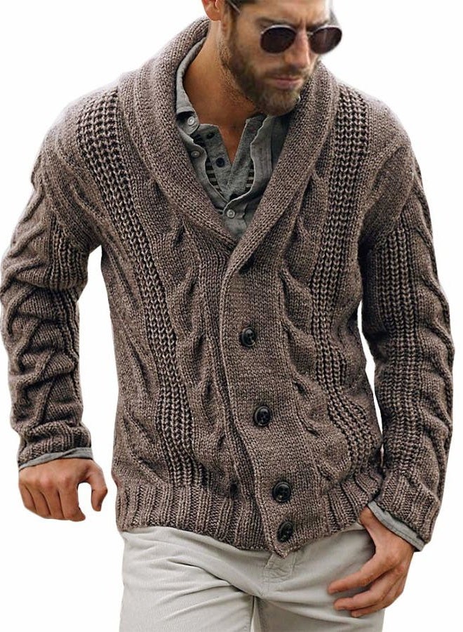 Karlywindow Mens Cable Knit Cardigan Sweater Shawl Collar Loose Fit Long Sleeve Casual Cardigans, Brown, XXL - Image 1
