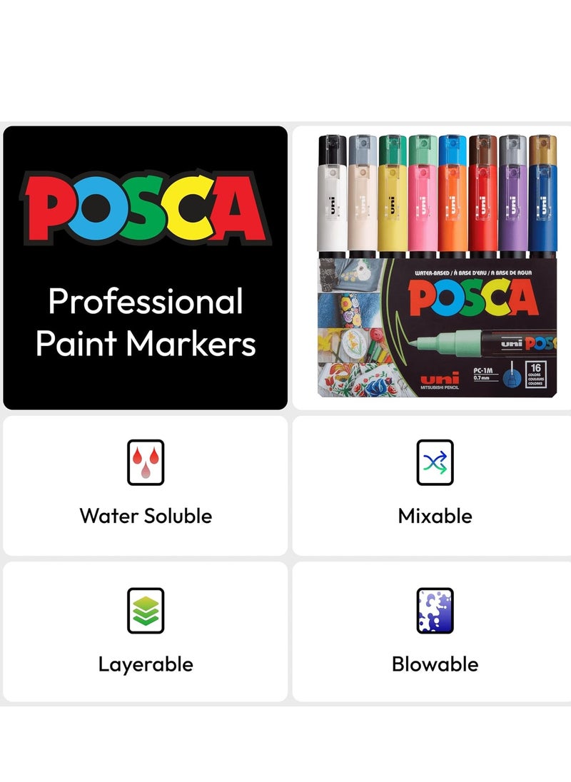 POSCA 16 Colors  Paint Marker Pen (PC-1M), Extra Fine 0.7 mm  for Rock Painting, Fabric, Glass, Metal, and Graffiti.  - Image 2