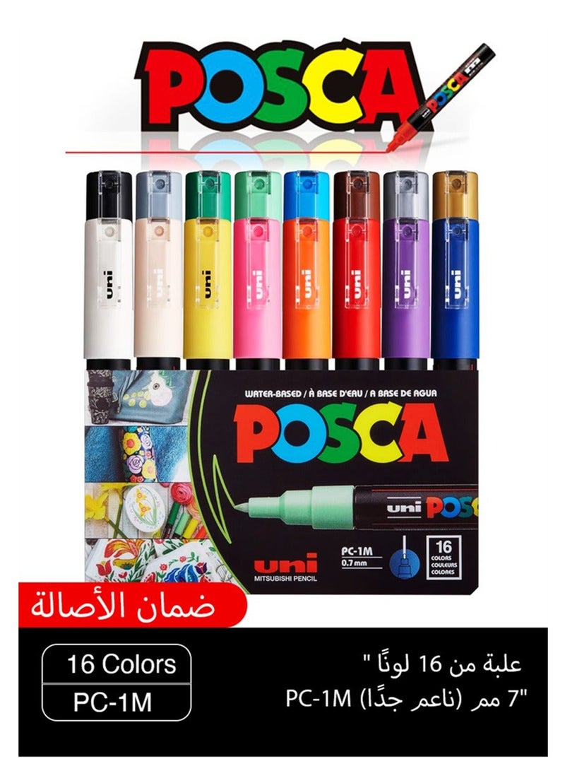 POSCA 16 Colors  Paint Marker Pen (PC-1M), Extra Fine 0.7 mm  for Rock Painting, Fabric, Glass, Metal, and Graffiti. - Image 1