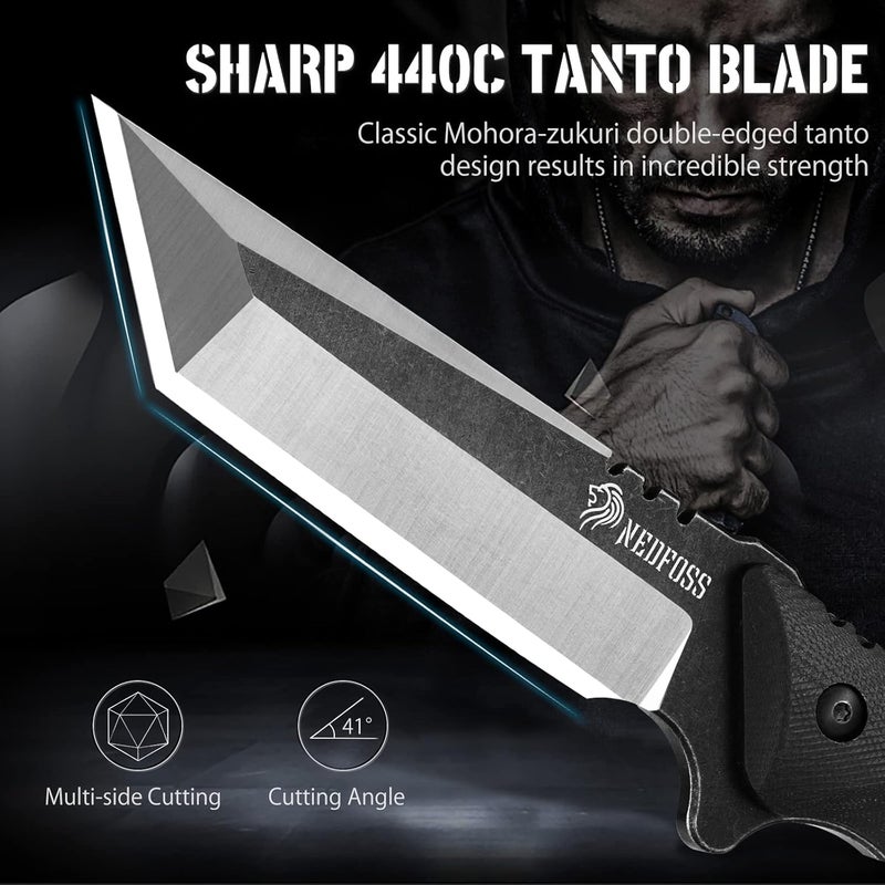 NedFoss Tactical Survival Knife with Fire Starter, Kydex Sheath, 440C Steel Blade, G10 Handle - Camping Gift for Men - Image 2