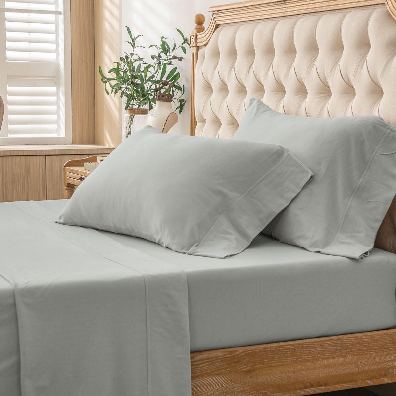 PURE ERA PURE ERA Jersey Knit 4pc Bed Sheet Set 100% T-Shirt Cotton Super Soft Comfy Breathable Fits Mattress Up to 20"" Extra Deep Pocket (Solid Light Grey  King)  - Image 5