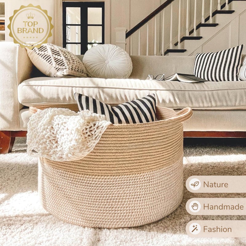 INDRESSME Extra Large Woven Baskets for Storage, 21.7'' x 13.8'' Wicker Basket with Handle for Blankets, Big Laundry Baskets for Clothes, Pillows, Towel, Shoe Basket for Entryway, 90L White Jute - Image 5