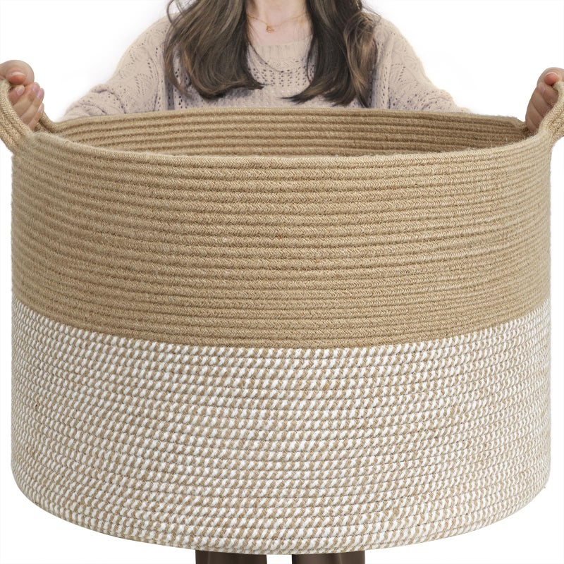 INDRESSME Extra Large Woven Baskets for Storage, 21.7'' x 13.8'' Wicker Basket with Handle for Blankets, Big Laundry Baskets for Clothes, Pillows, Towel, Shoe Basket for Entryway, 90L White Jute - Image 1