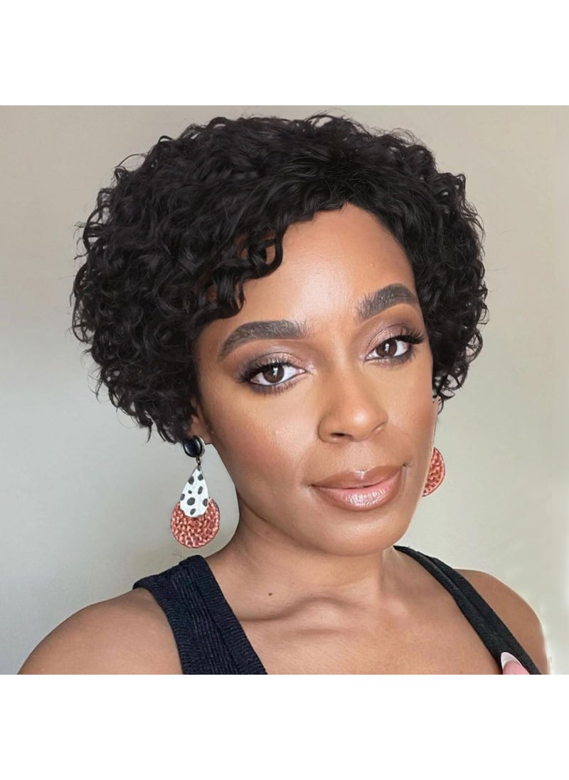 Fancy Hair Fancy Hair Short Curly Human Hair Wigs For Black Women Side Part Pixie Cut Kinky Curly Wig Natural Black Deep Curly No Lace Front Brazilian Remy Human Hair Wig for Women Daily Use 