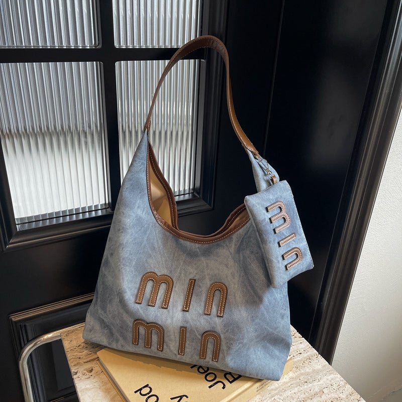 Korean-Style Letter Denim Underarm Bag 2025 Spring New Large Capacity Handbag Texte Crossbody Bag - Image 2