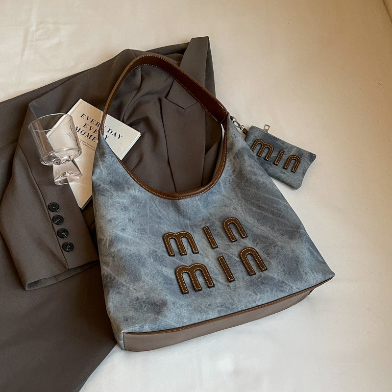 Korean-Style Letter Denim Underarm Bag 2025 Spring New Large Capacity Handbag Texte Crossbody Bag - Image 1