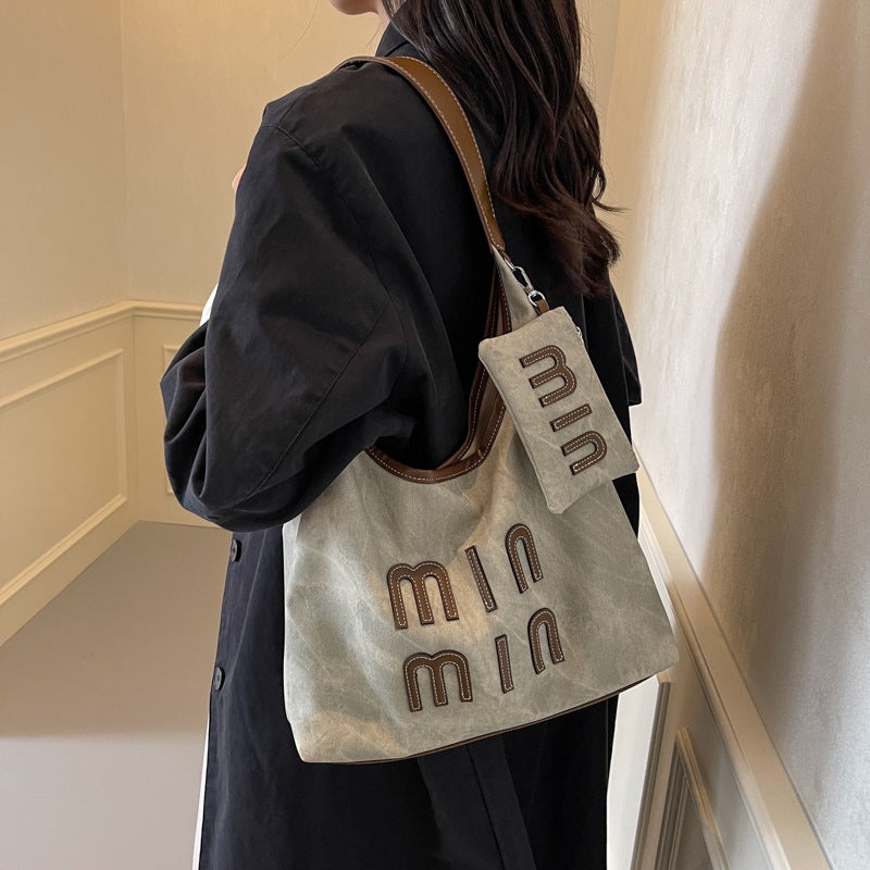 Korean-Style Letter Denim Underarm Bag 2025 Spring New Large Capacity Handbag Texte Crossbody Bag - Image 4