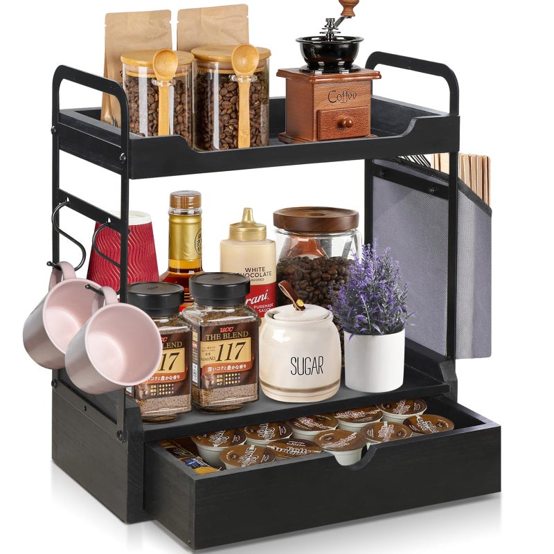Jorkol Wooden Coffee Bar Organizer 2Tier Station with Pod Holder Syrup Snack Organizer Bag Hooks Black