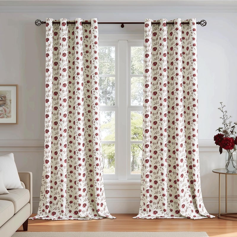 Beauoop Floral 100% Blackout Curtains 84 Inches Long 2 Panels for Bedroom Living Room Red Brown on Beige Vintage Rose Flower Patterned Room Darkening Thermal Soundproof Grommet Window Drapes, 52X84 - Image 4