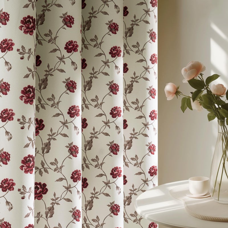 Beauoop Floral 100% Blackout Curtains 84 Inches Long 2 Panels for Bedroom Living Room Red Brown on Beige Vintage Rose Flower Patterned Room Darkening Thermal Soundproof Grommet Window Drapes, 52X84 - Image 1